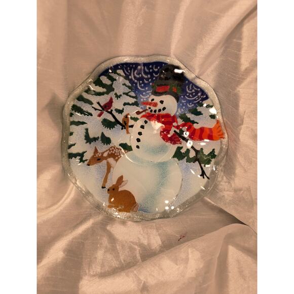Peggy Karr Fused Glass Snowman Round Plate 8" Reindeer Winter Christmas 7.5" - Picture 1 of 7